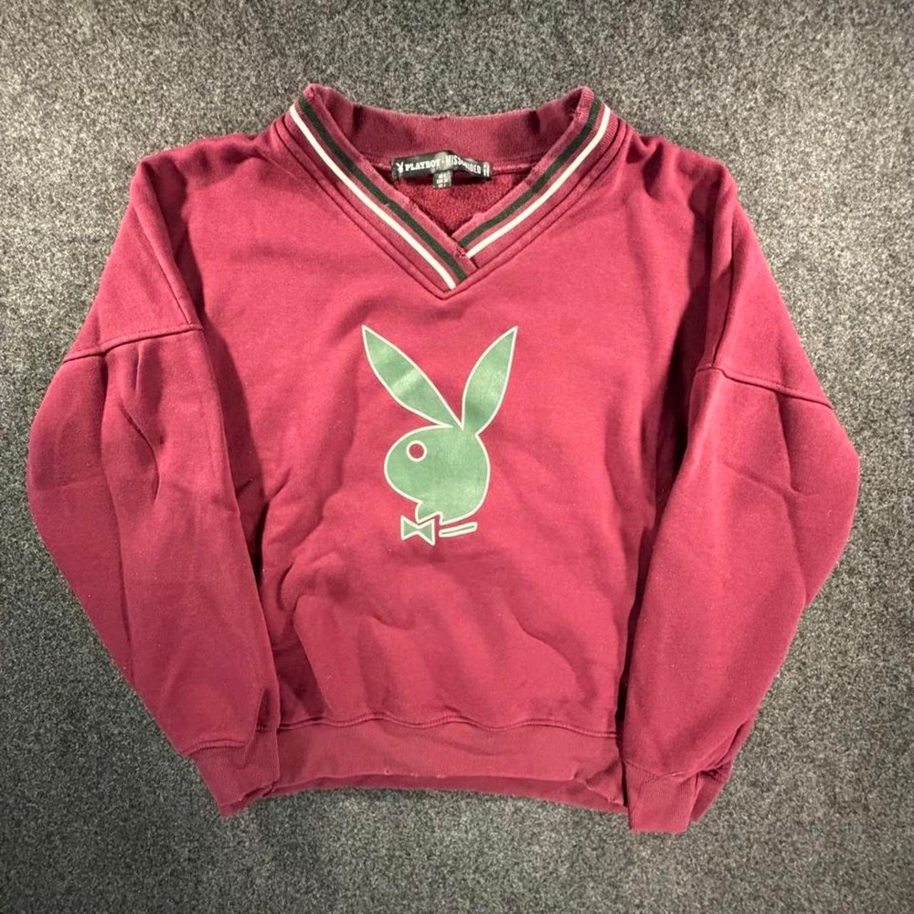 Playboy x Missguided Burgundy Graphic Sweatshirt Y2K Streetwear US 4 V-Neck